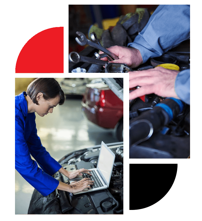 Female mechanic examining with car scanner