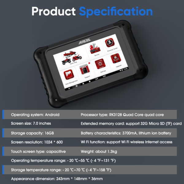 ANCEL MT700 Motorcycle Full System Diagnostic Tool ,product specification