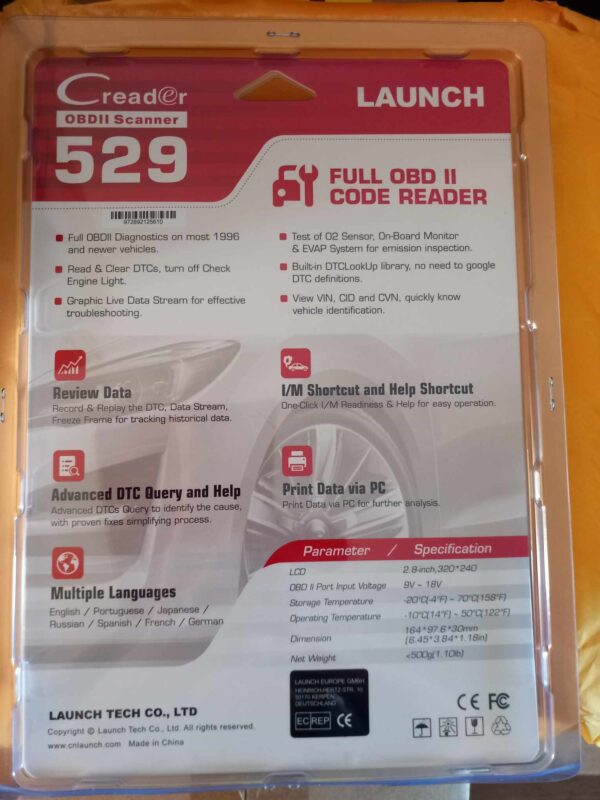 LAUNCH CR529 OBD2 Scanner OBD Code Reader Car Diagnostic Tool back side